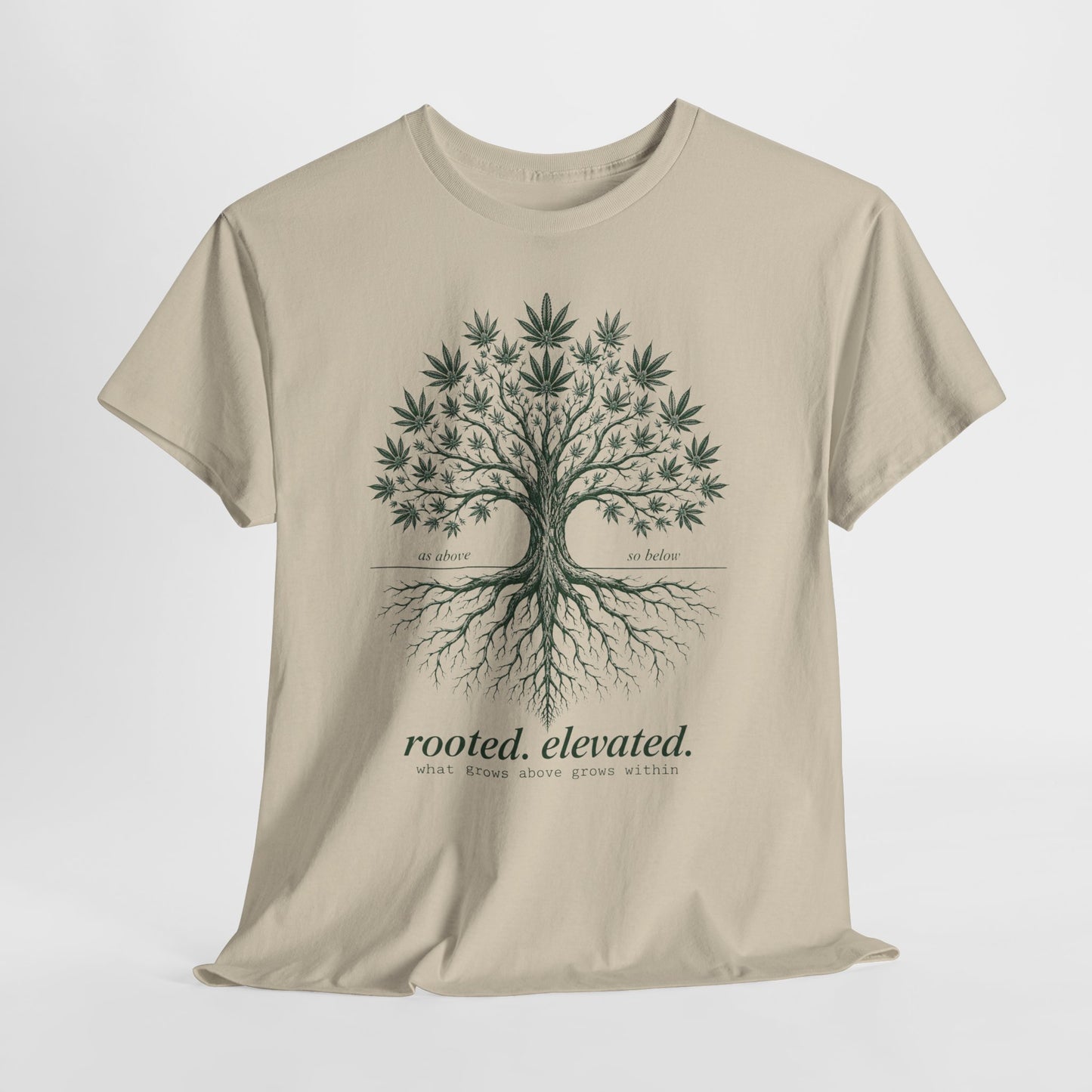 T-Shirt — Rooted Elevated Tree Graphic Tee ("rooted. elevated.")