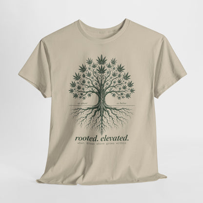 T-Shirt — Rooted Elevated Tree Graphic Tee ("rooted. elevated.")