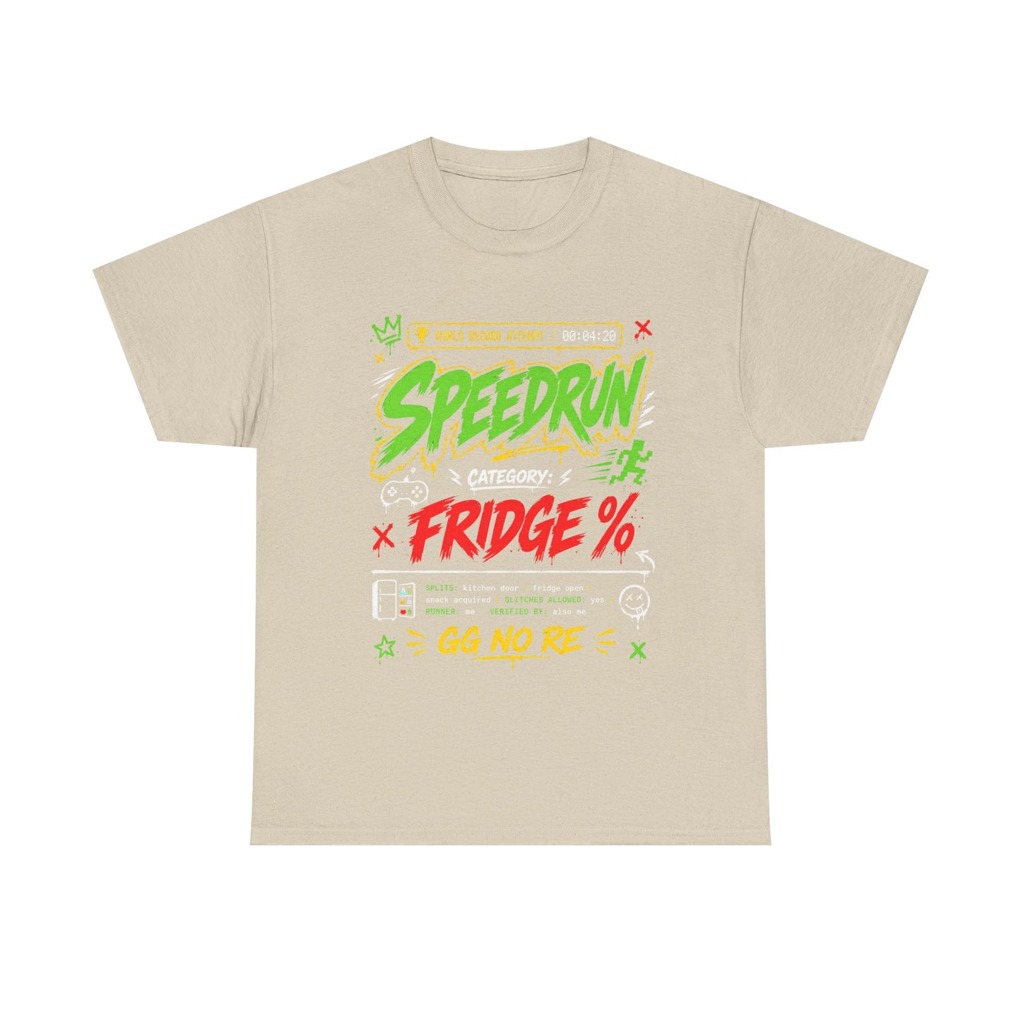 Funny Speedrun Fridge Tee — Gamer Retro Graphic T-Shirt ("Speedrun: Category: Fridge" design)