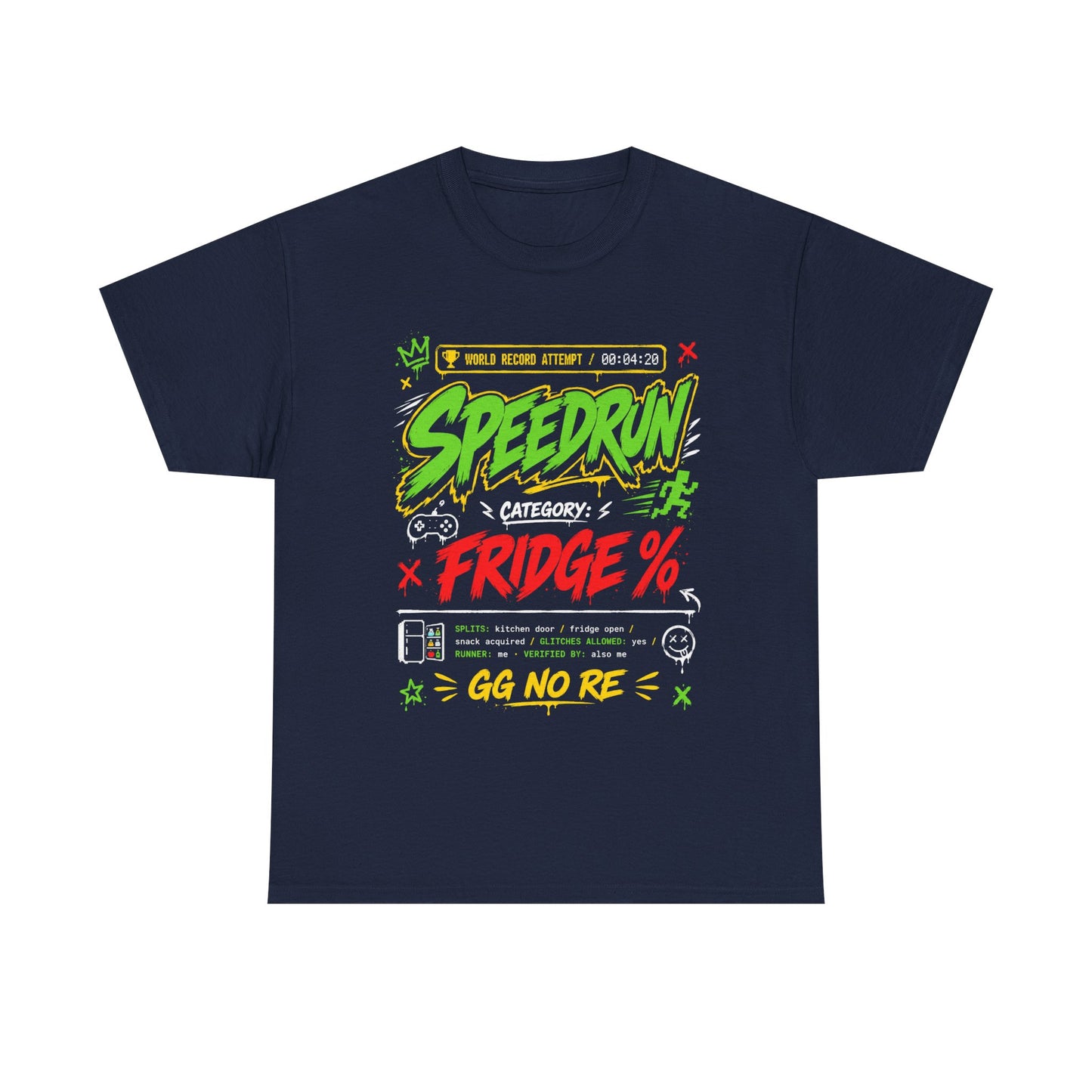 Funny Speedrun Fridge Tee — Gamer Retro Graphic T-Shirt ("Speedrun: Category: Fridge" design)