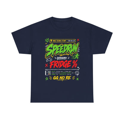 Funny Speedrun Fridge Tee — Gamer Retro Graphic T-Shirt ("Speedrun: Category: Fridge" design)