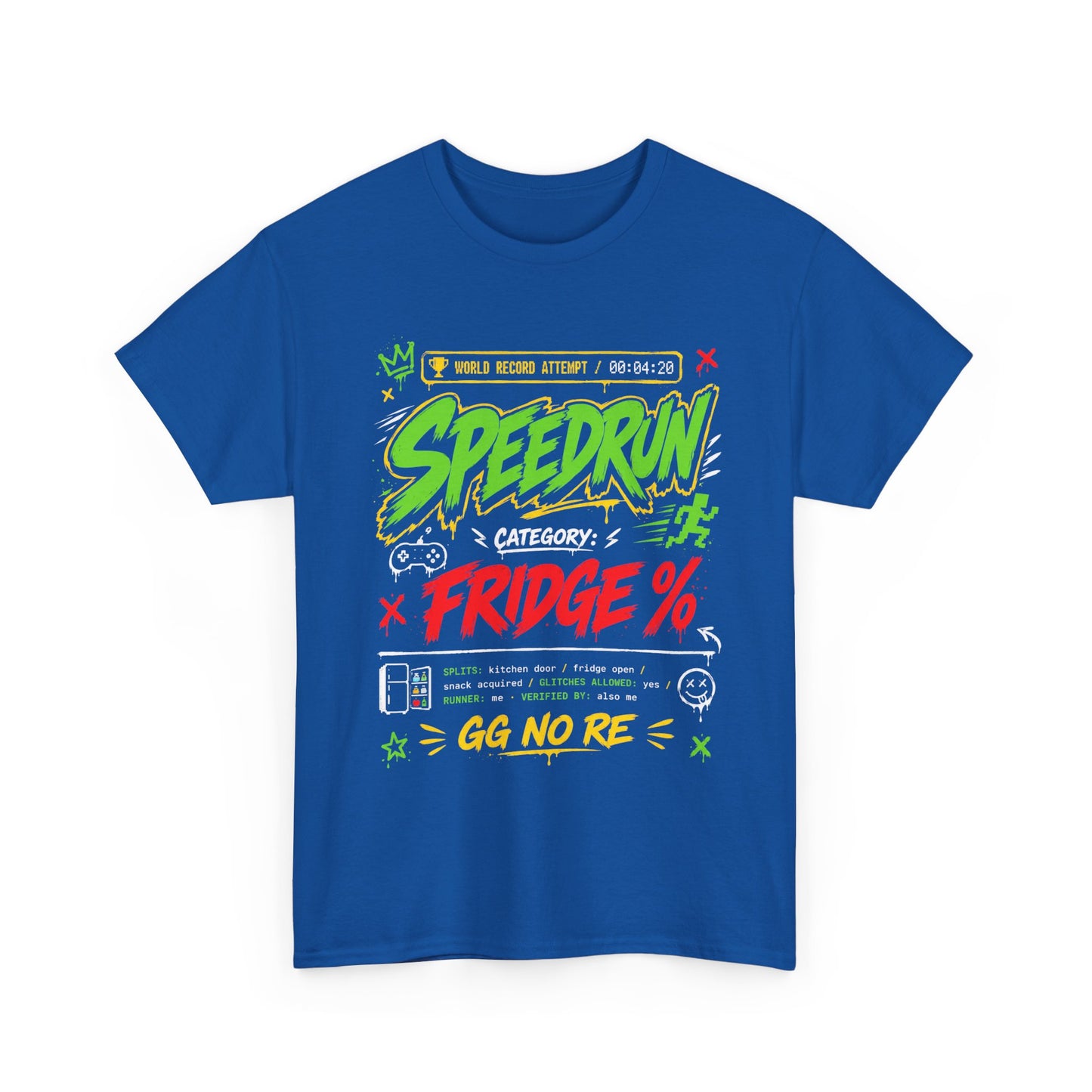 Funny Speedrun Fridge Tee — Gamer Retro Graphic T-Shirt ("Speedrun: Category: Fridge" design)