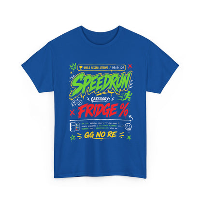 Funny Speedrun Fridge Tee — Gamer Retro Graphic T-Shirt ("Speedrun: Category: Fridge" design)
