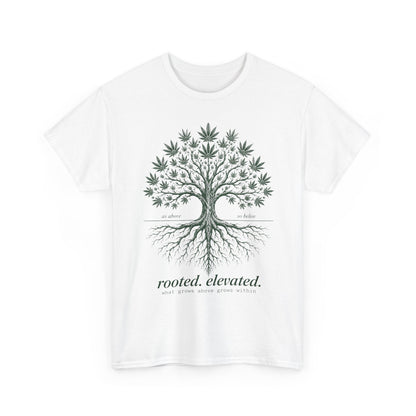 T-Shirt — Rooted Elevated Tree Graphic Tee ("rooted. elevated.")