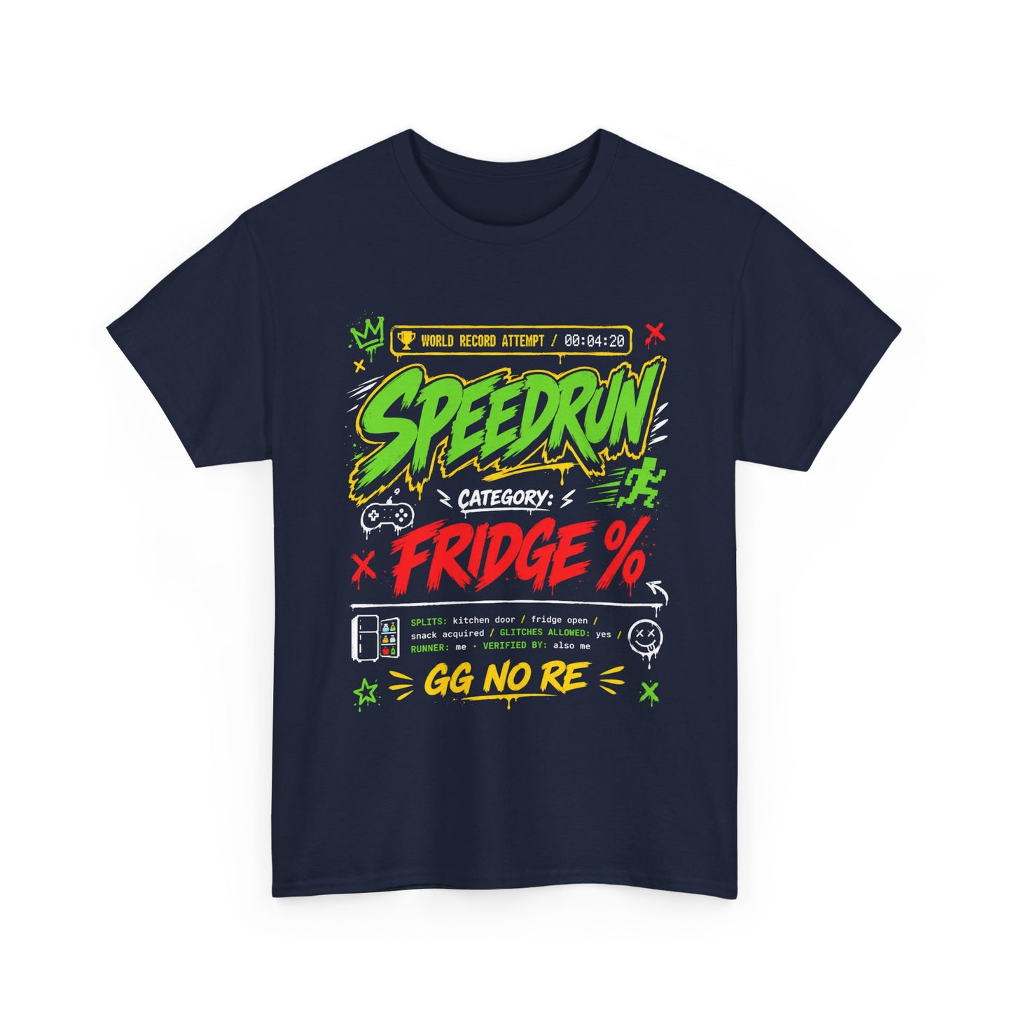 Funny Speedrun Fridge Tee — Gamer Retro Graphic T-Shirt ("Speedrun: Category: Fridge" design)