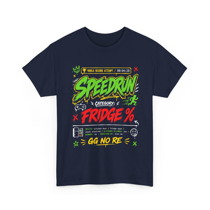 Funny Speedrun Fridge Tee — Gamer Retro Graphic T-Shirt ("Speedrun: Category: Fridge" design)