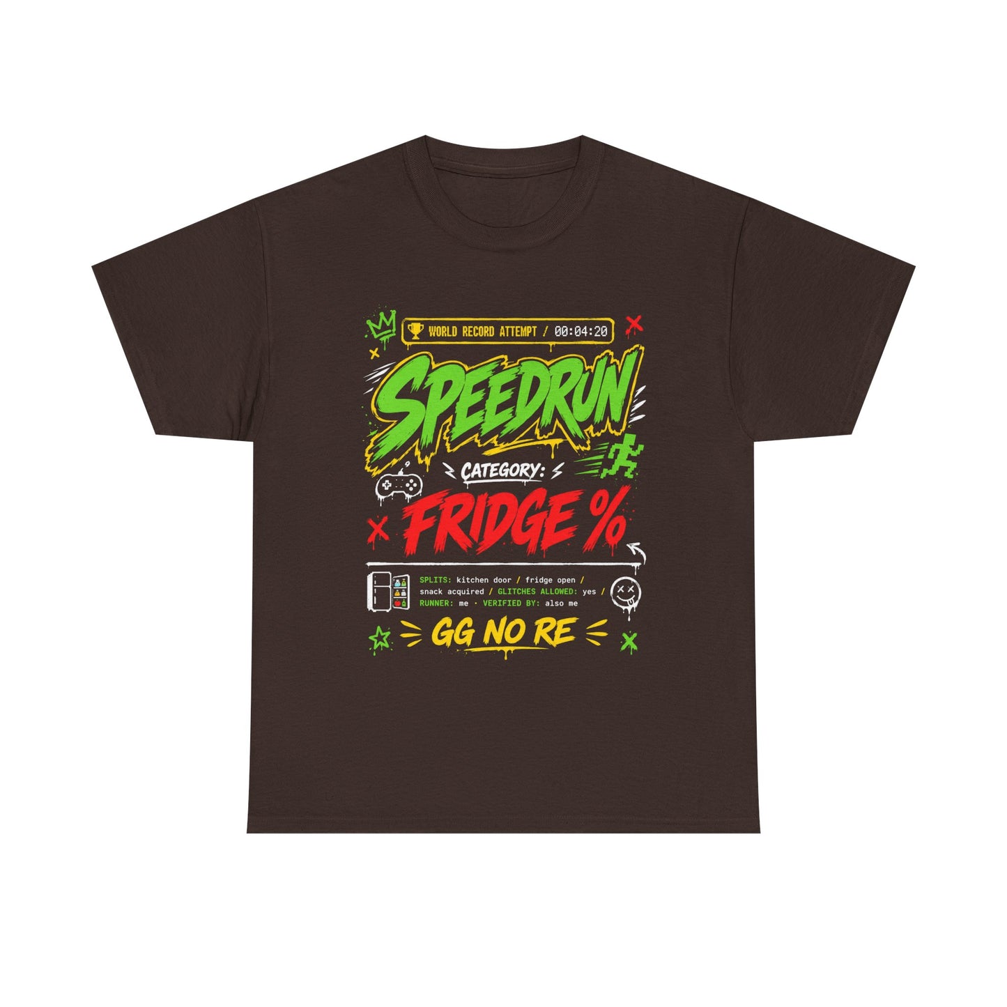 Funny Speedrun Fridge Tee — Gamer Retro Graphic T-Shirt ("Speedrun: Category: Fridge" design)