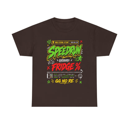 Funny Speedrun Fridge Tee — Gamer Retro Graphic T-Shirt ("Speedrun: Category: Fridge" design)