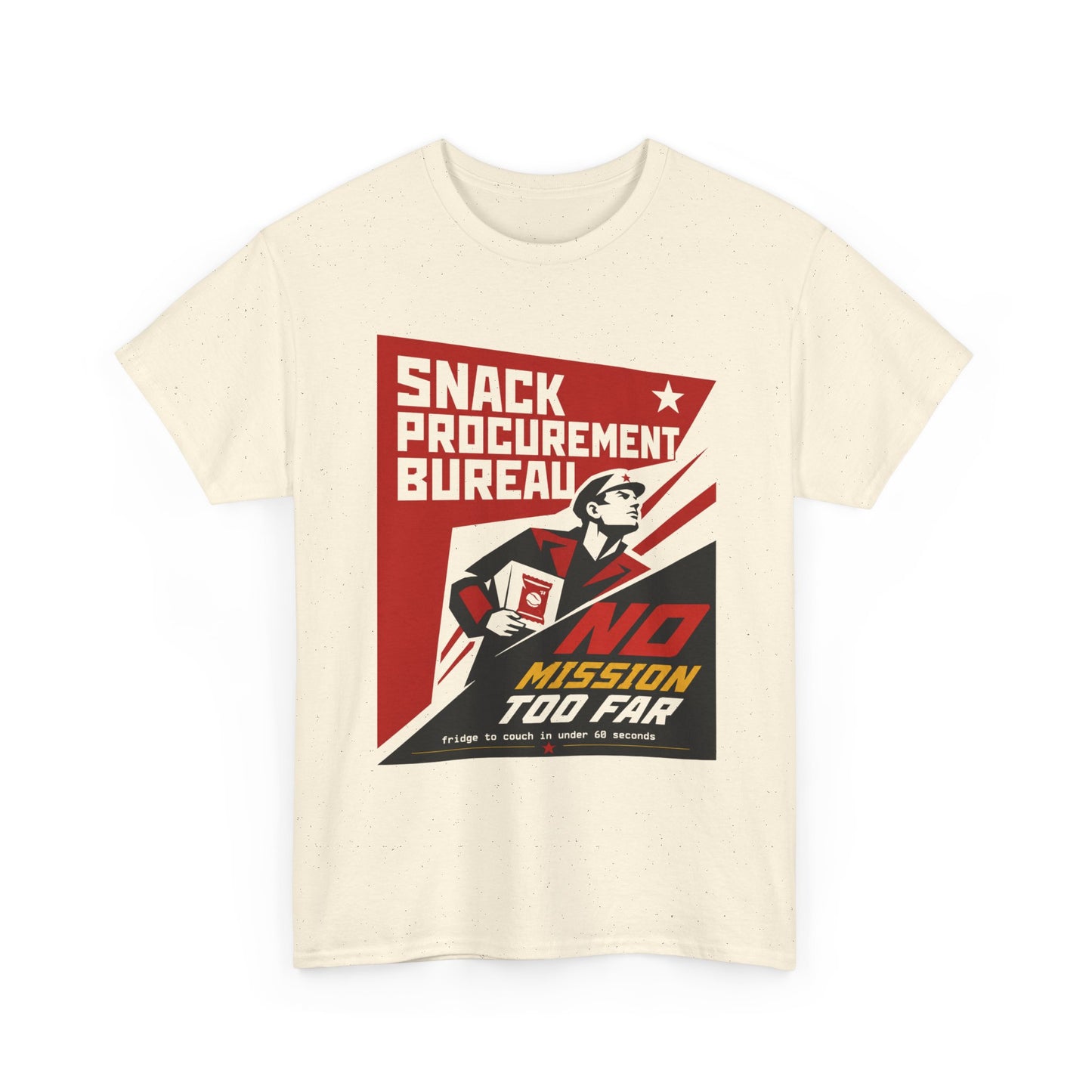 Funny Snack Procurement Bureau Tee — "No Mission Too Far" Retro Propaganda T‑Shirt