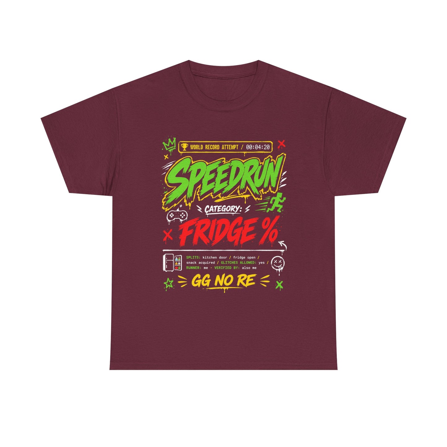 Funny Speedrun Fridge Tee — Gamer Retro Graphic T-Shirt ("Speedrun: Category: Fridge" design)
