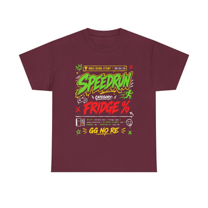 Funny Speedrun Fridge Tee — Gamer Retro Graphic T-Shirt ("Speedrun: Category: Fridge" design)