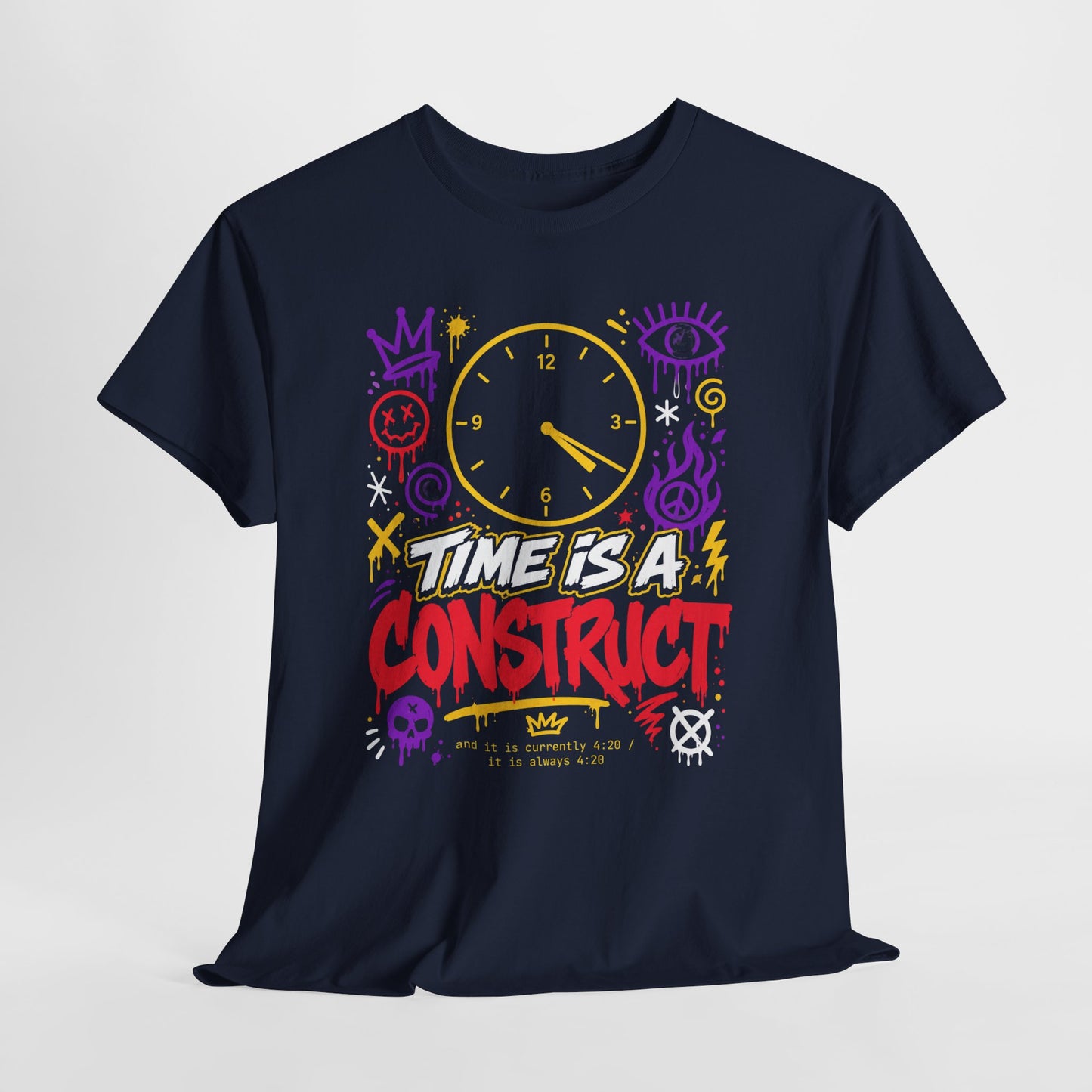 Funny Time Is a Construct Graphic Tee — Retro Neon Clock Streetwear