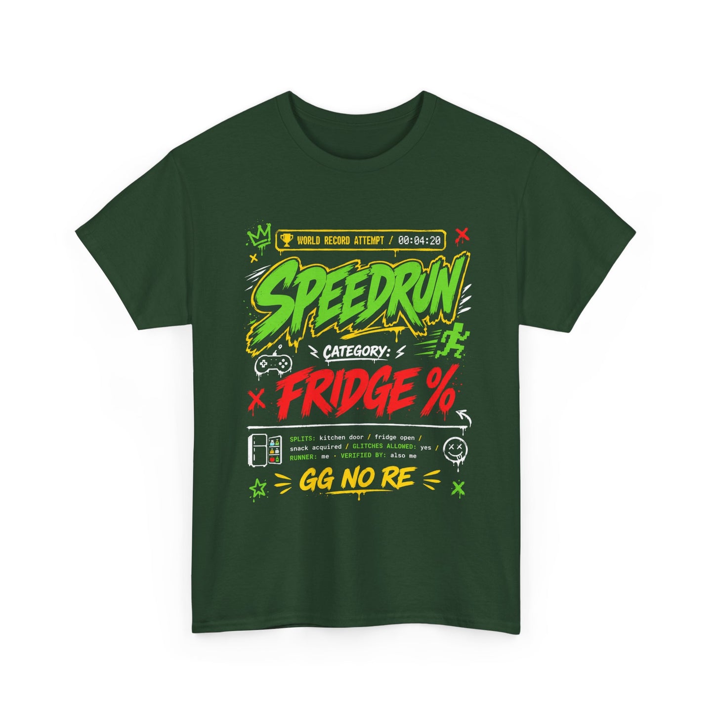 Funny Speedrun Fridge Tee — Gamer Retro Graphic T-Shirt ("Speedrun: Category: Fridge" design)