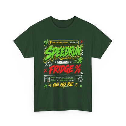 Funny Speedrun Fridge Tee — Gamer Retro Graphic T-Shirt ("Speedrun: Category: Fridge" design)