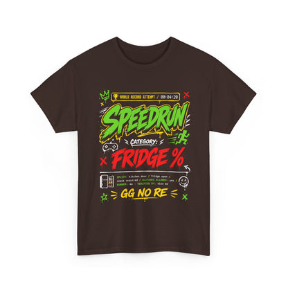 Funny Speedrun Fridge Tee — Gamer Retro Graphic T-Shirt ("Speedrun: Category: Fridge" design)