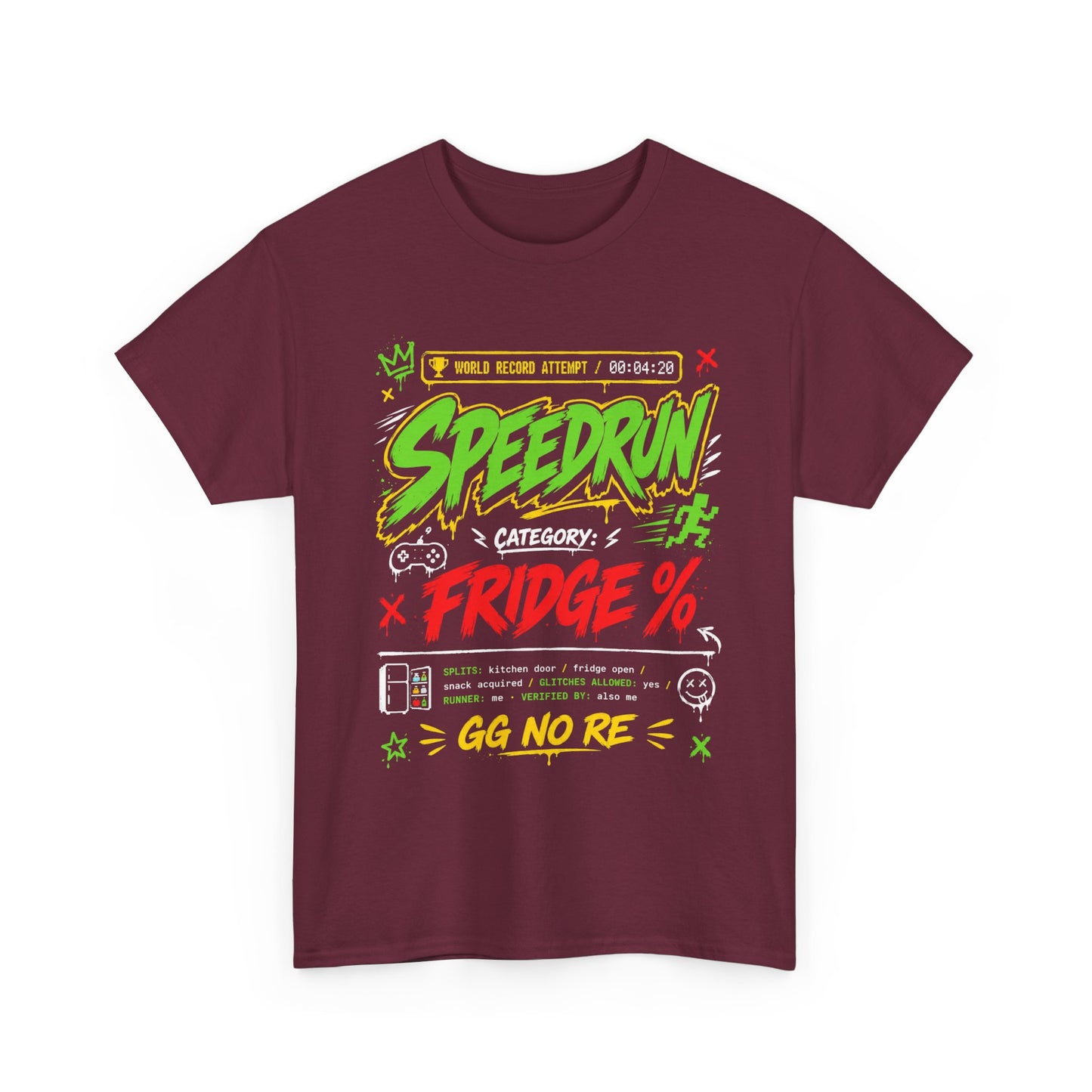 Funny Speedrun Fridge Tee — Gamer Retro Graphic T-Shirt ("Speedrun: Category: Fridge" design)