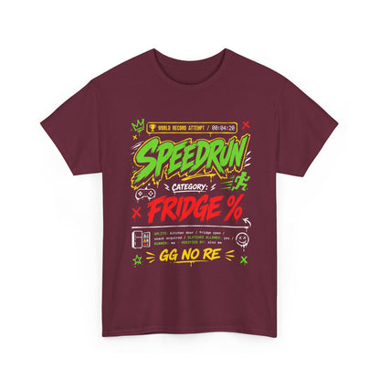 Funny Speedrun Fridge Tee — Gamer Retro Graphic T-Shirt ("Speedrun: Category: Fridge" design)