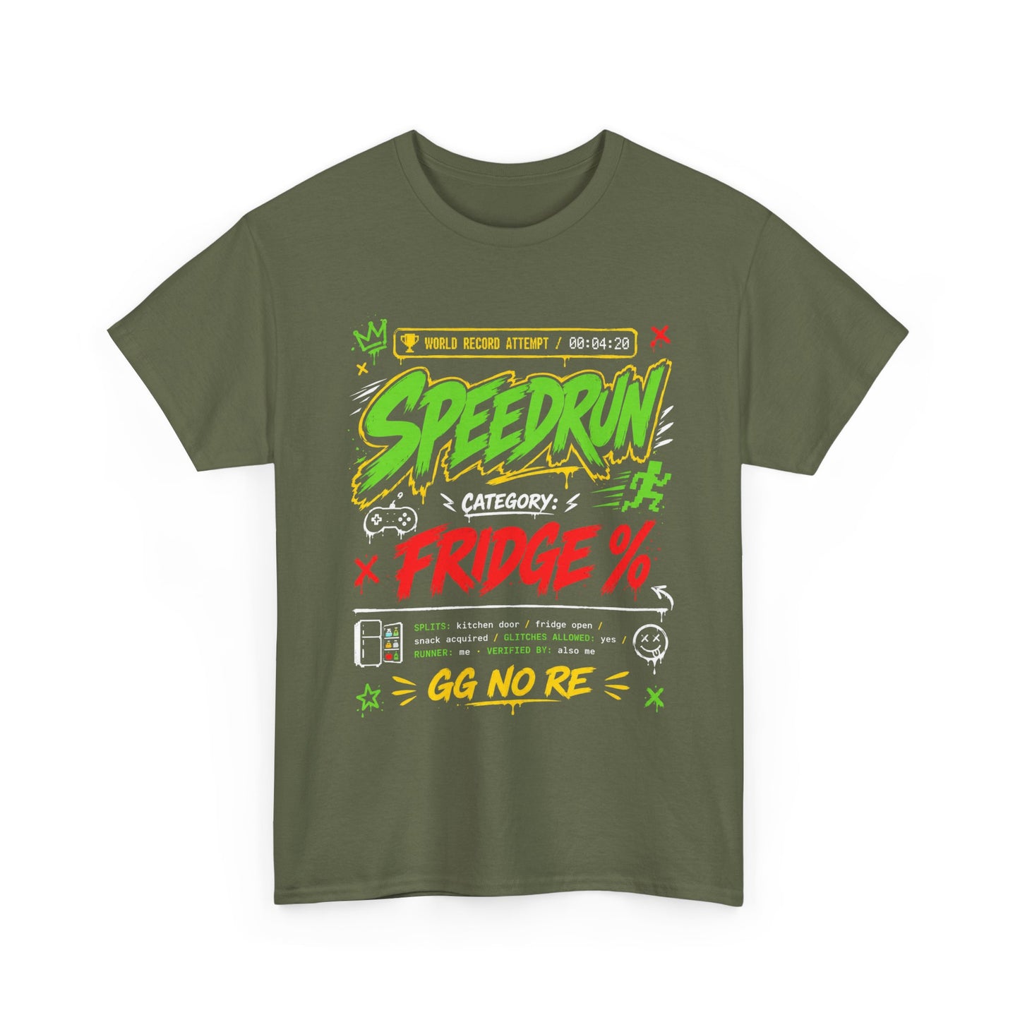 Funny Speedrun Fridge Tee — Gamer Retro Graphic T-Shirt ("Speedrun: Category: Fridge" design)