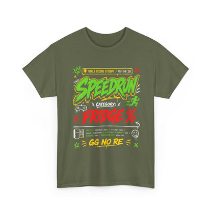 Funny Speedrun Fridge Tee — Gamer Retro Graphic T-Shirt ("Speedrun: Category: Fridge" design)
