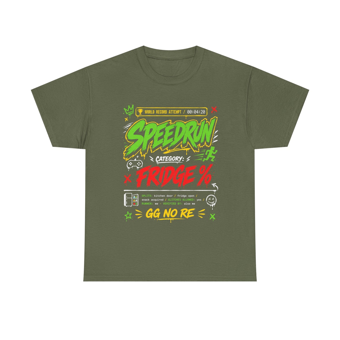 Funny Speedrun Fridge Tee — Gamer Retro Graphic T-Shirt ("Speedrun: Category: Fridge" design)