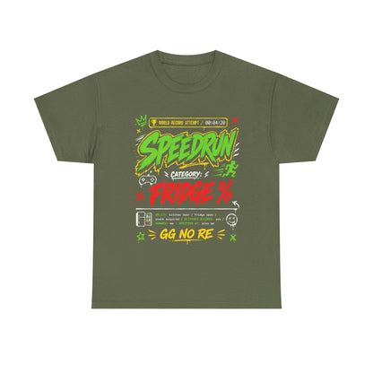 Funny Speedrun Fridge Tee — Gamer Retro Graphic T-Shirt ("Speedrun: Category: Fridge" design)