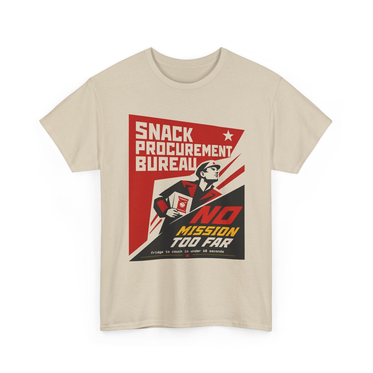 Funny Snack Procurement Bureau Tee — "No Mission Too Far" Retro Propaganda T‑Shirt