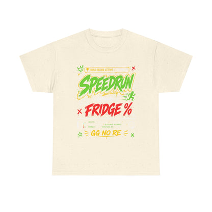 Funny Speedrun Fridge Tee — Gamer Retro Graphic T-Shirt ("Speedrun: Category: Fridge" design)
