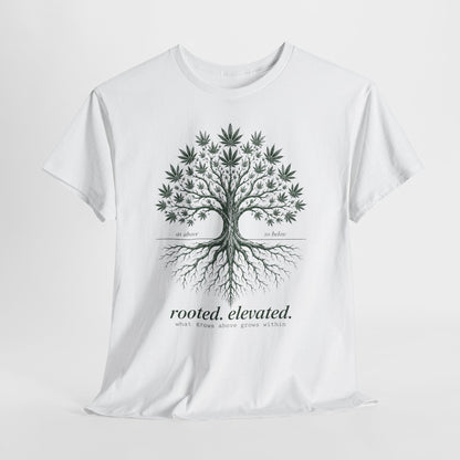 T-Shirt — Rooted Elevated Tree Graphic Tee ("rooted. elevated.")