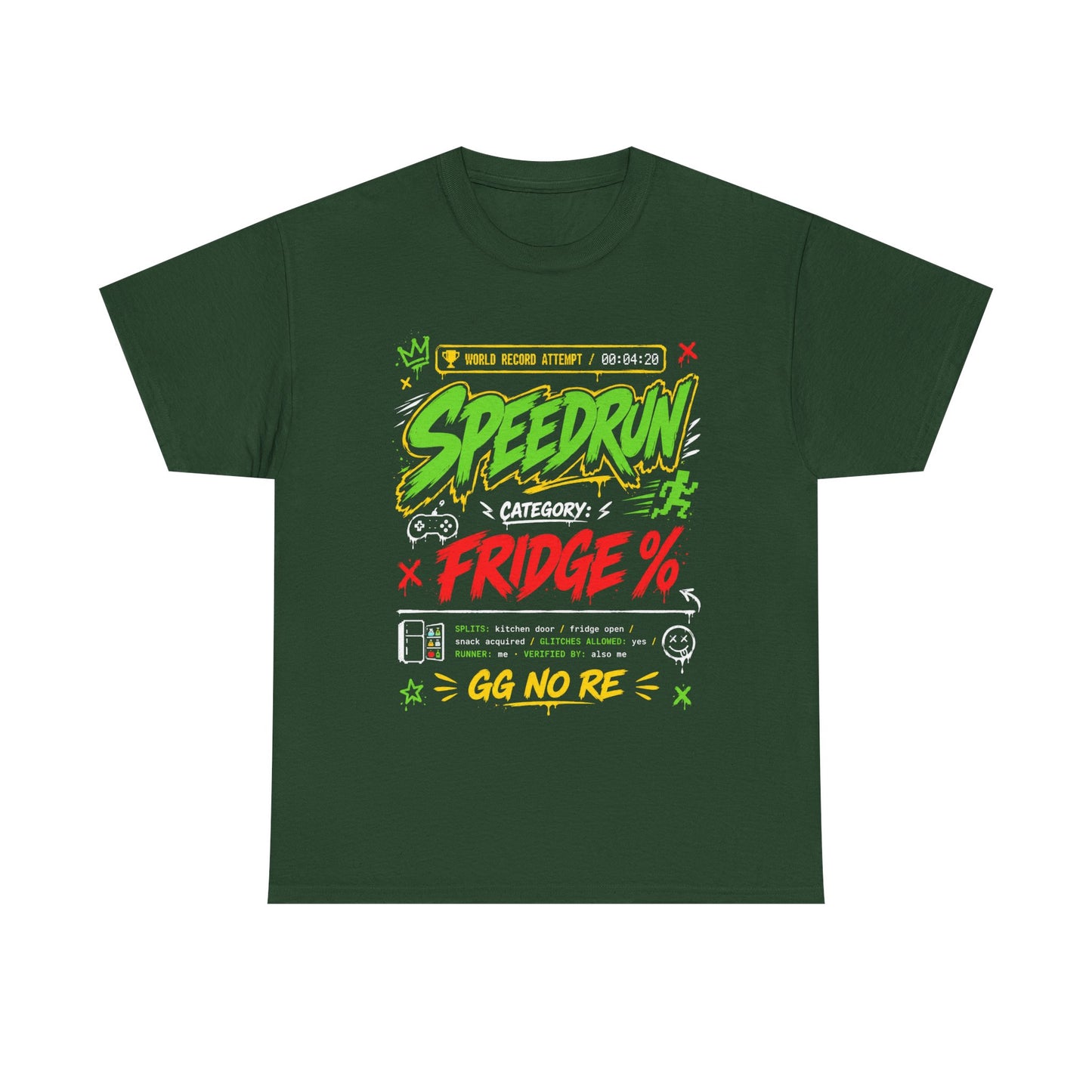 Funny Speedrun Fridge Tee — Gamer Retro Graphic T-Shirt ("Speedrun: Category: Fridge" design)
