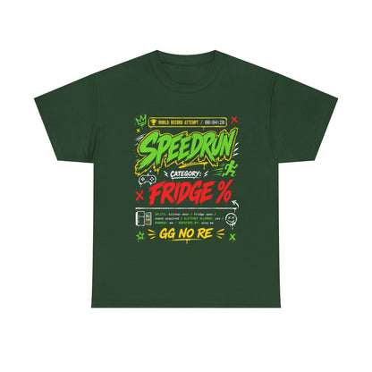 Funny Speedrun Fridge Tee — Gamer Retro Graphic T-Shirt ("Speedrun: Category: Fridge" design)