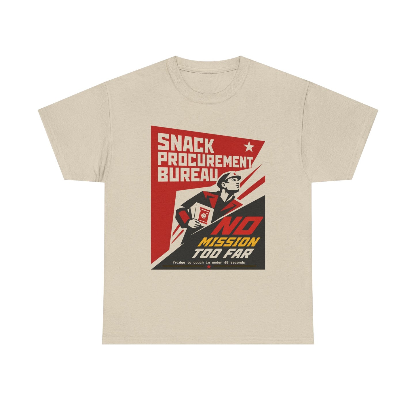 Funny Snack Procurement Bureau Tee — "No Mission Too Far" Retro Propaganda T‑Shirt
