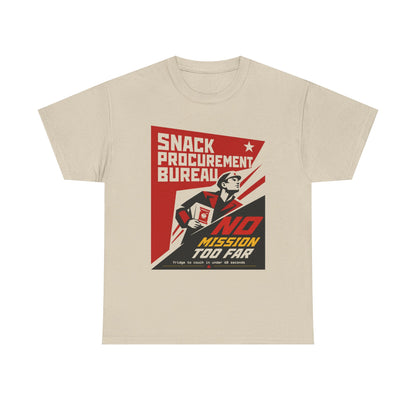 Funny Snack Procurement Bureau Tee — "No Mission Too Far" Retro Propaganda T‑Shirt