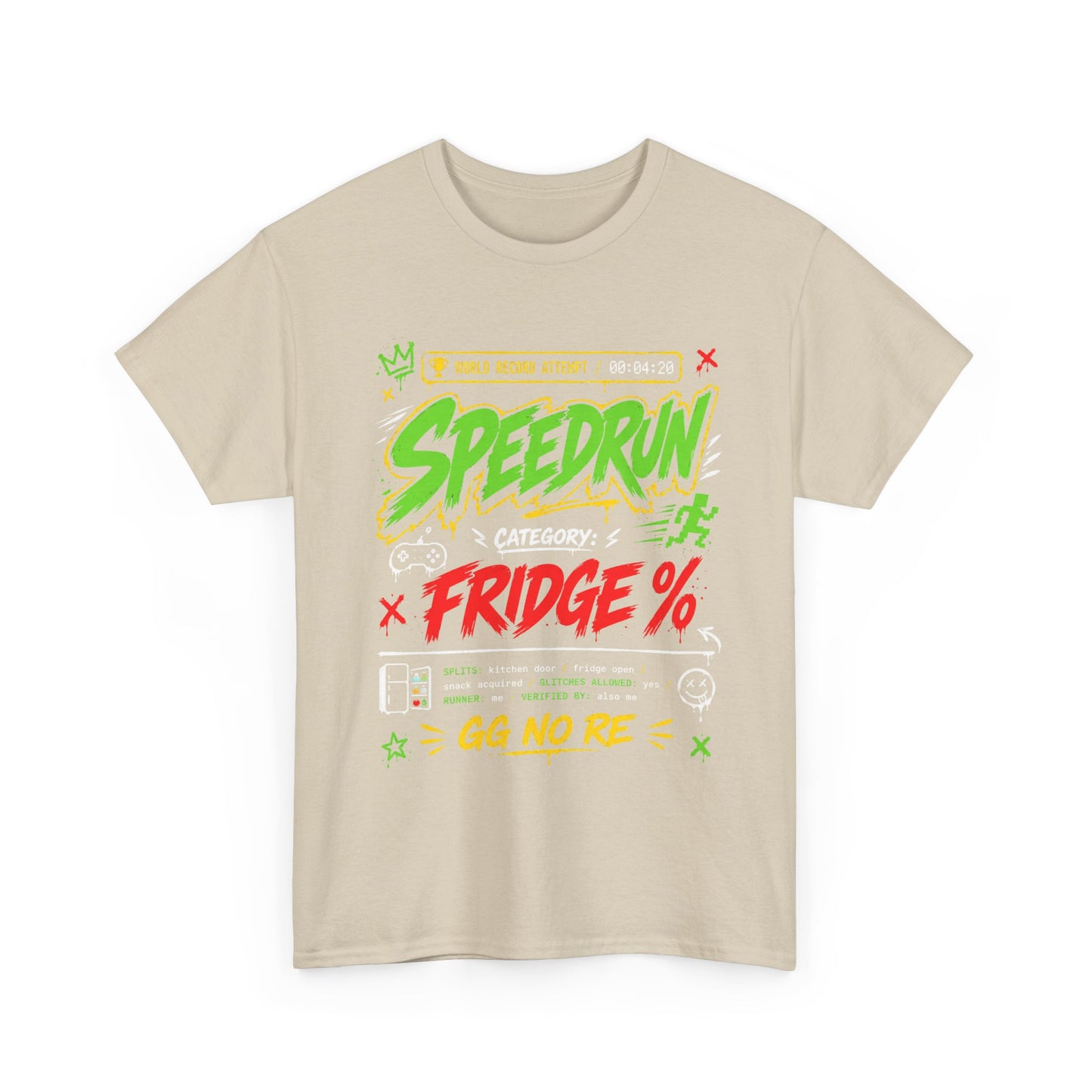 Funny Speedrun Fridge Tee — Gamer Retro Graphic T-Shirt ("Speedrun: Category: Fridge" design)