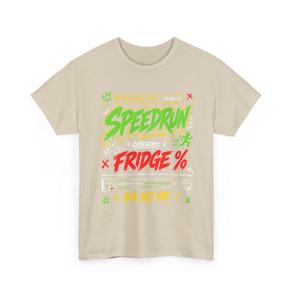 Funny Speedrun Fridge Tee — Gamer Retro Graphic T-Shirt ("Speedrun: Category: Fridge" design)