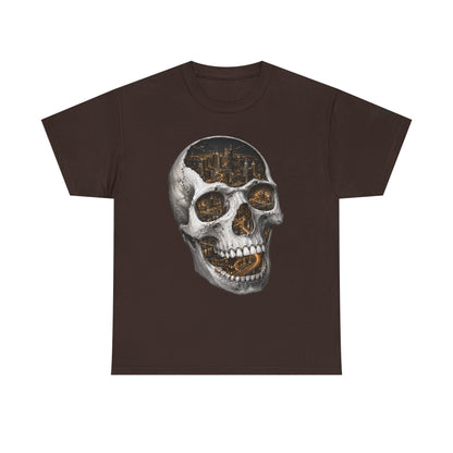 Skull City Graphic Tee — Vintage Skull with Cityscape
