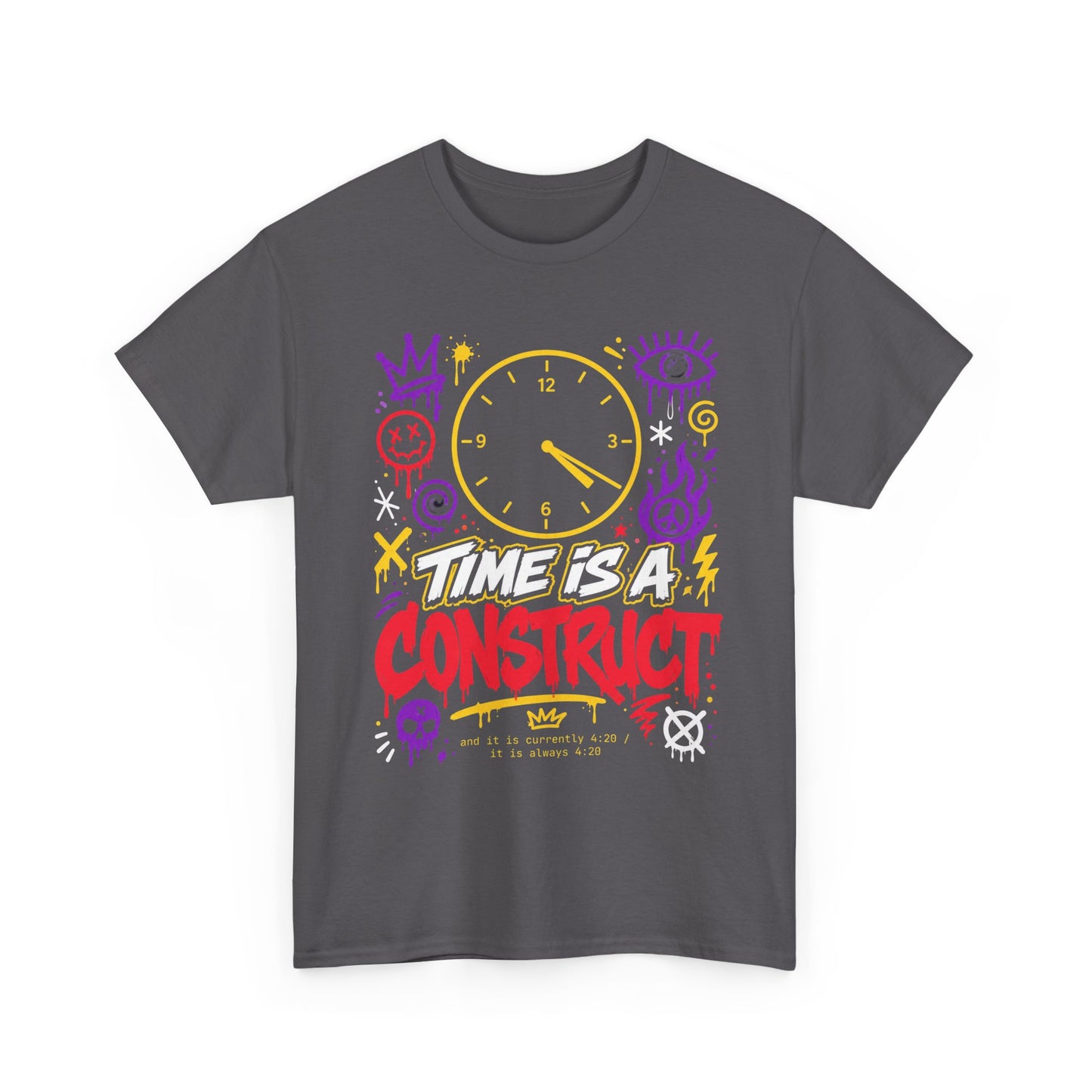 Funny Time Is a Construct Graphic Tee — Retro Neon Clock Streetwear