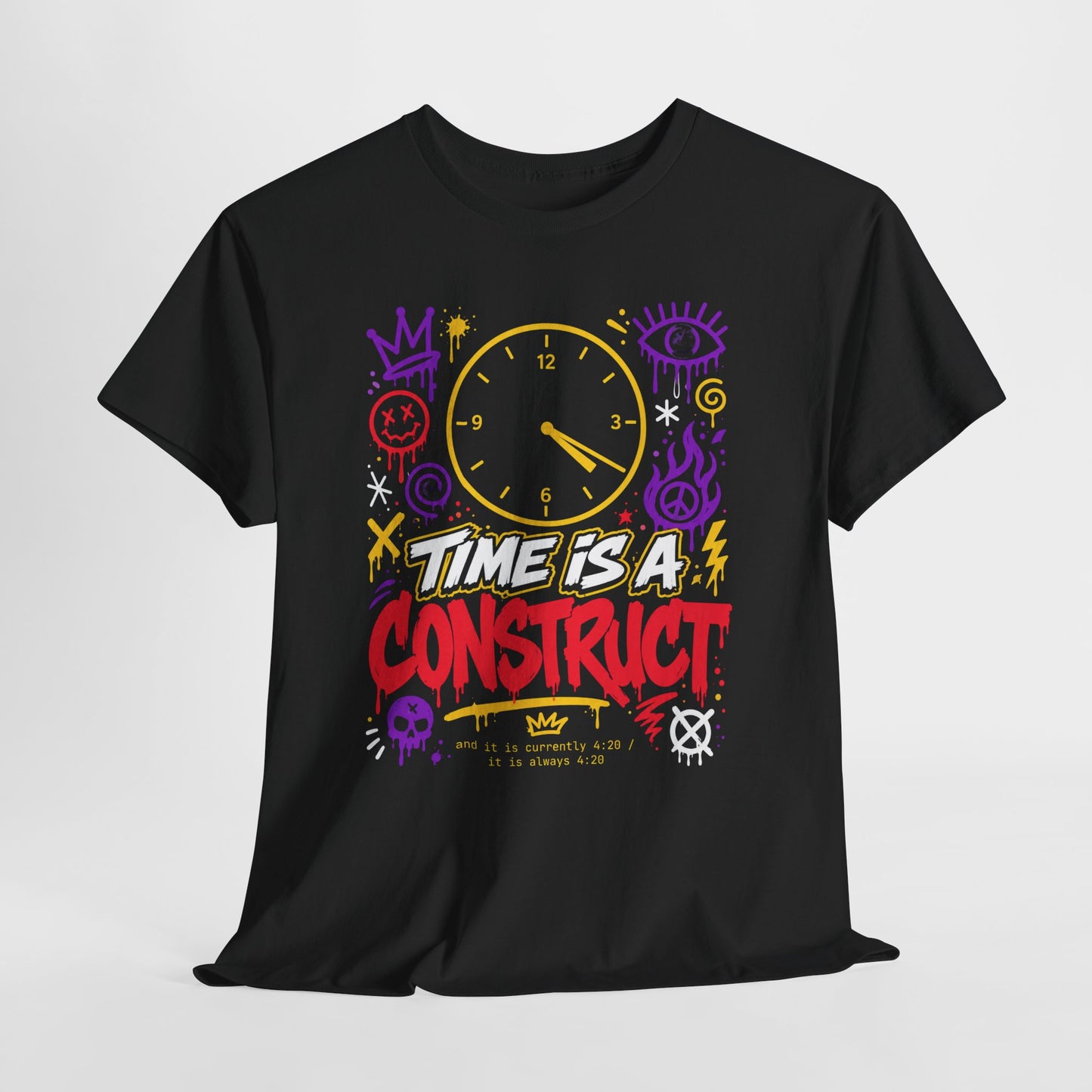 Funny Time Is a Construct Graphic Tee — Retro Neon Clock Streetwear