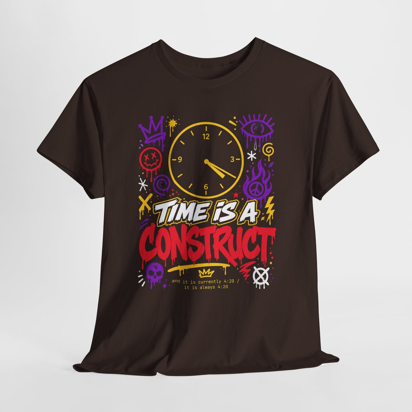 Funny Time Is a Construct Graphic Tee — Retro Neon Clock Streetwear