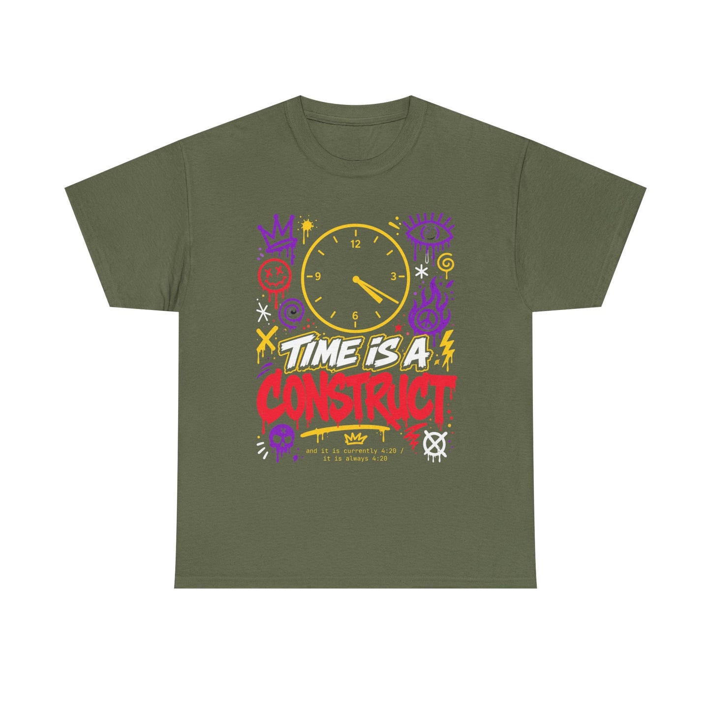 Funny Time Is a Construct Graphic Tee — Retro Neon Clock Streetwear