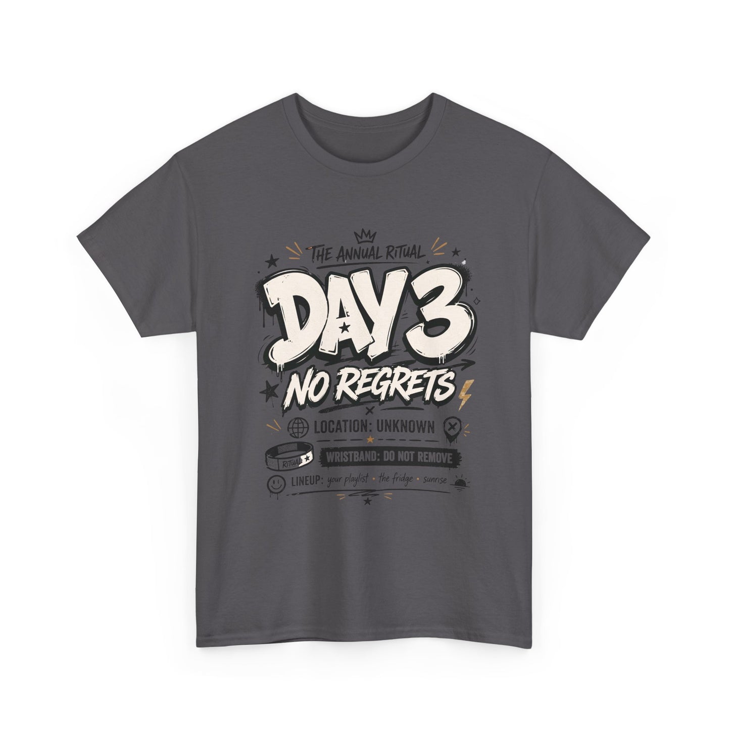 Funny Day 3 No Regrets Tee — Vintage Festival Party Graphic T-Shirt