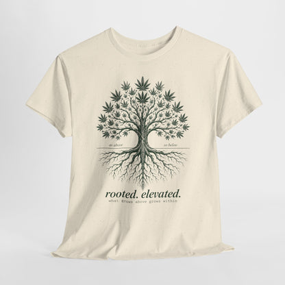 T-Shirt — Rooted Elevated Tree Graphic Tee ("rooted. elevated.")