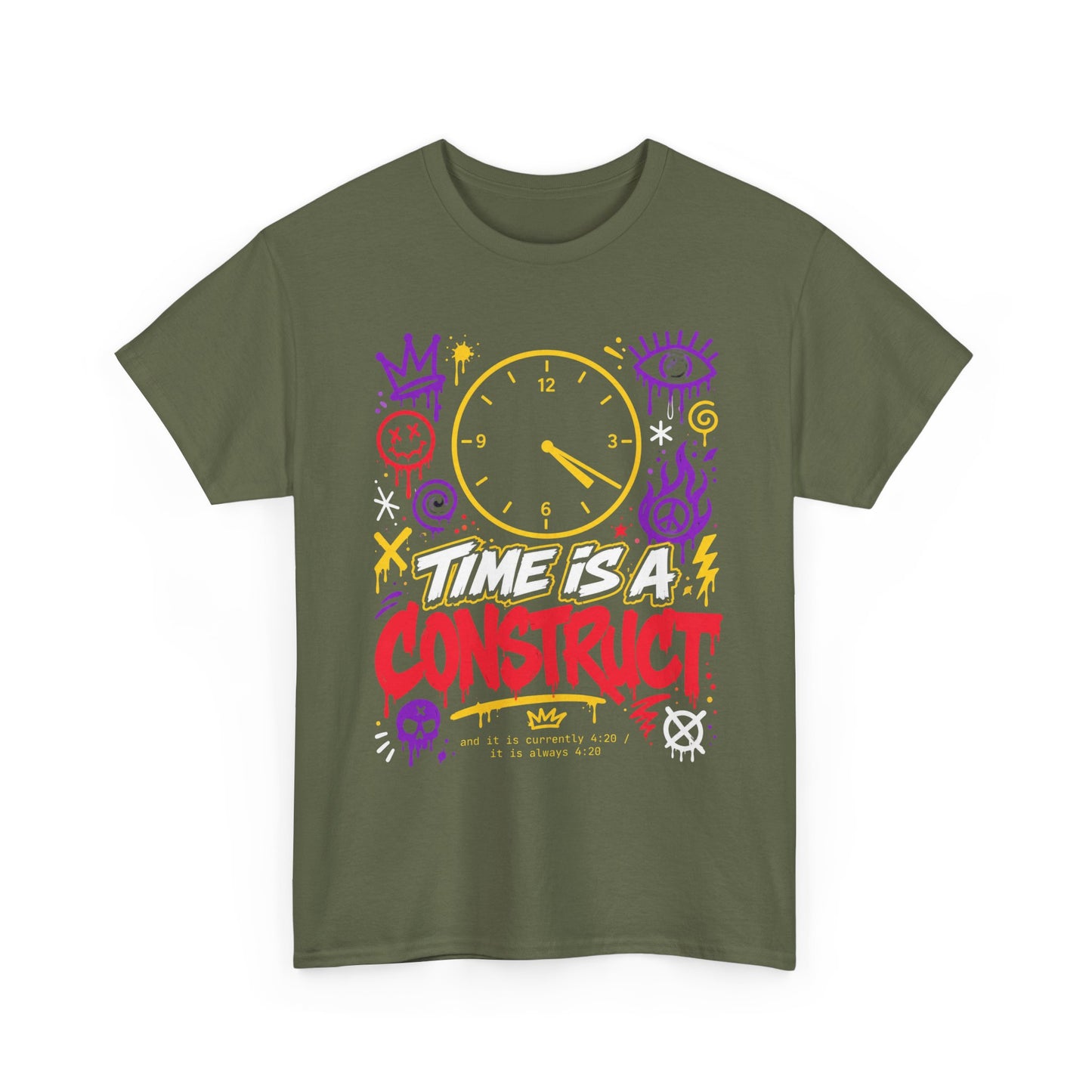 Funny Time Is a Construct Graphic Tee — Retro Neon Clock Streetwear