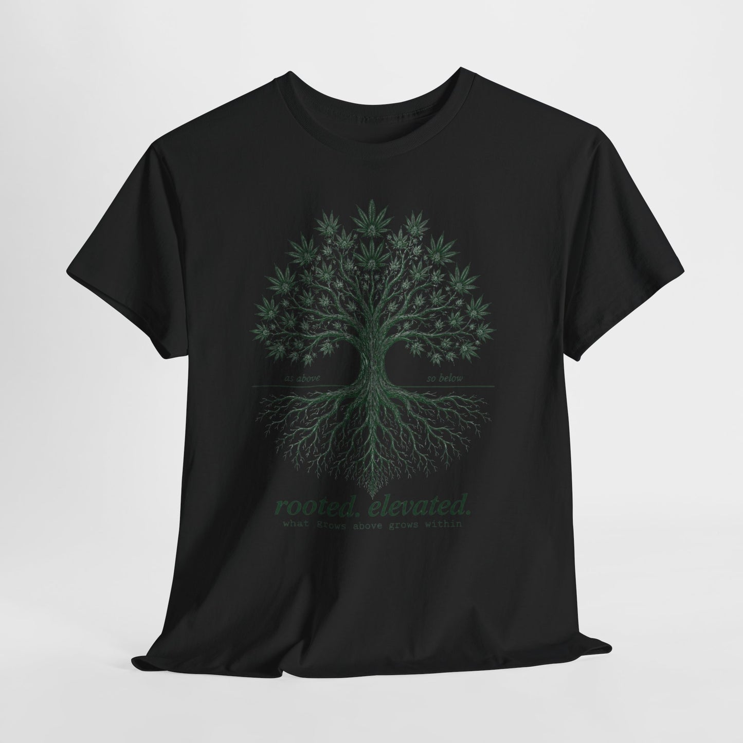 T-Shirt — Rooted Elevated Tree Graphic Tee ("rooted. elevated.")
