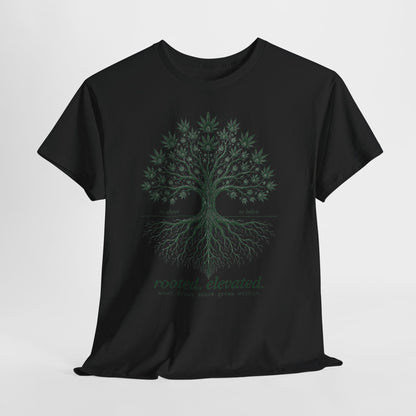 T-Shirt — Rooted Elevated Tree Graphic Tee ("rooted. elevated.")