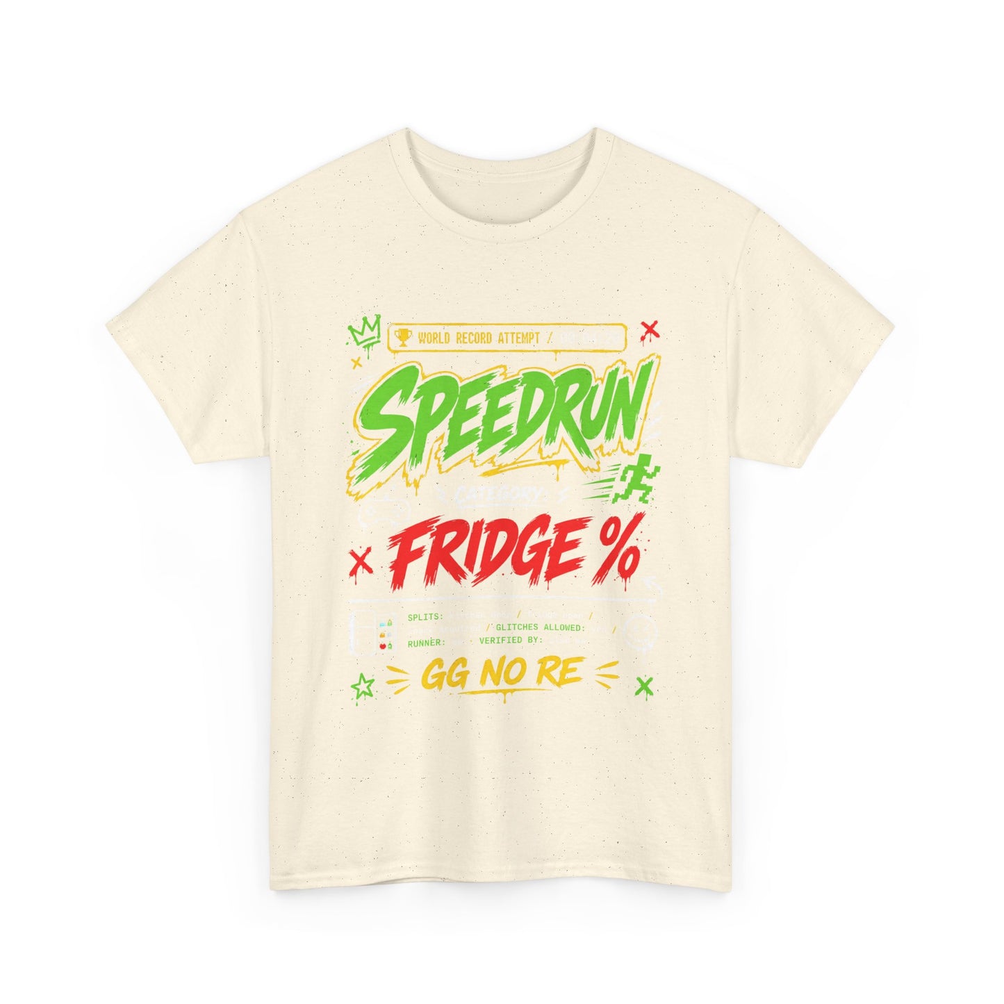 Funny Speedrun Fridge Tee — Gamer Retro Graphic T-Shirt ("Speedrun: Category: Fridge" design)