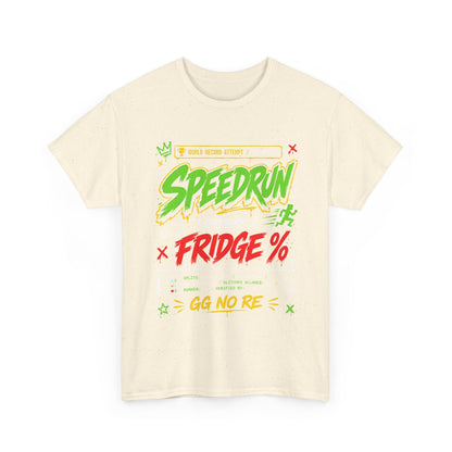Funny Speedrun Fridge Tee — Gamer Retro Graphic T-Shirt ("Speedrun: Category: Fridge" design)