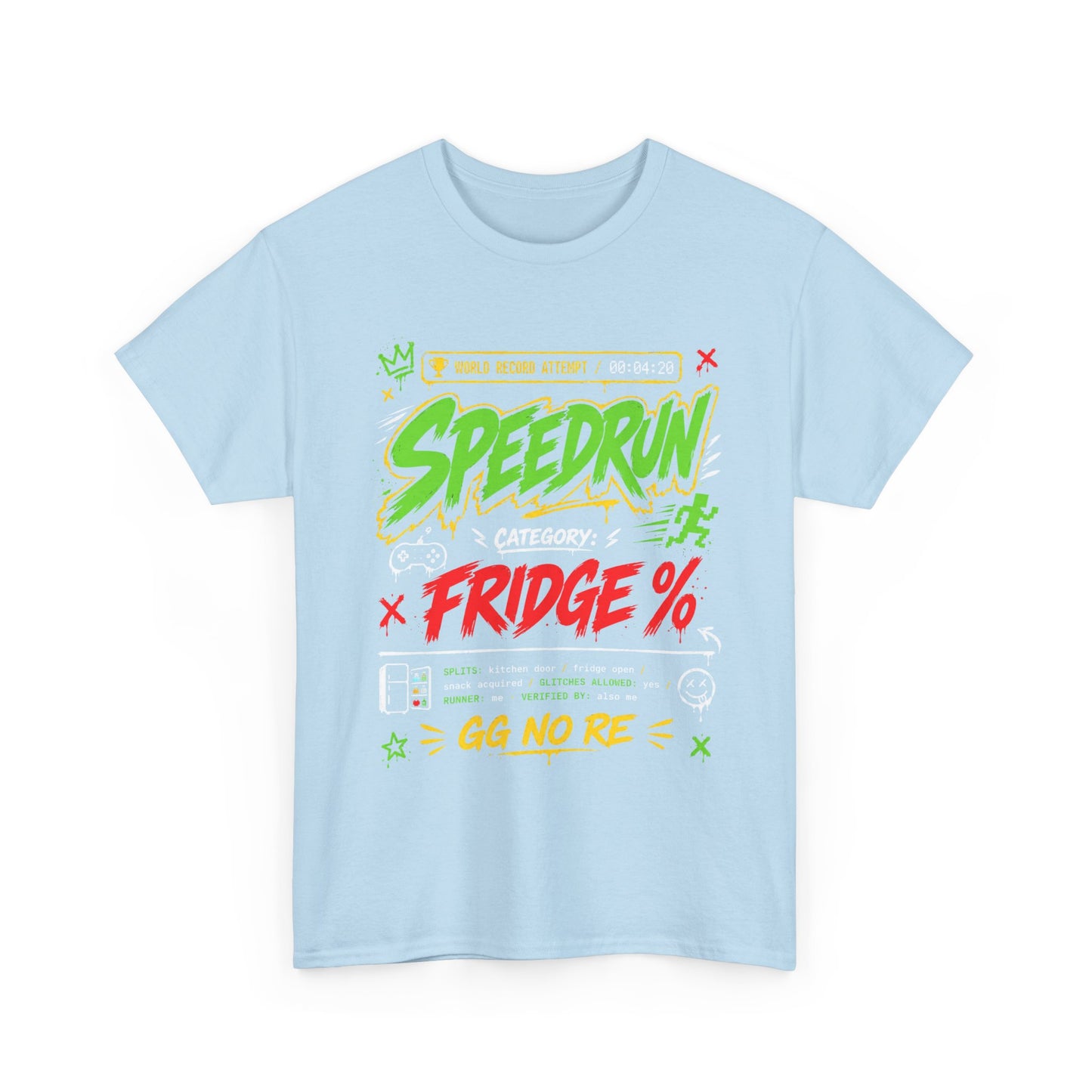 Funny Speedrun Fridge Tee — Gamer Retro Graphic T-Shirt ("Speedrun: Category: Fridge" design)
