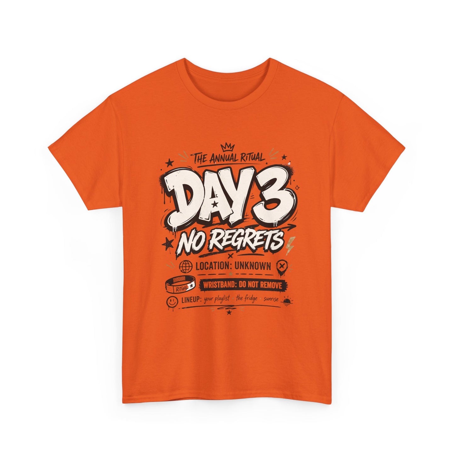Funny Day 3 No Regrets Tee — Vintage Festival Party Graphic T-Shirt