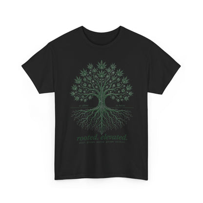 T-Shirt — Rooted Elevated Tree Graphic Tee ("rooted. elevated.")