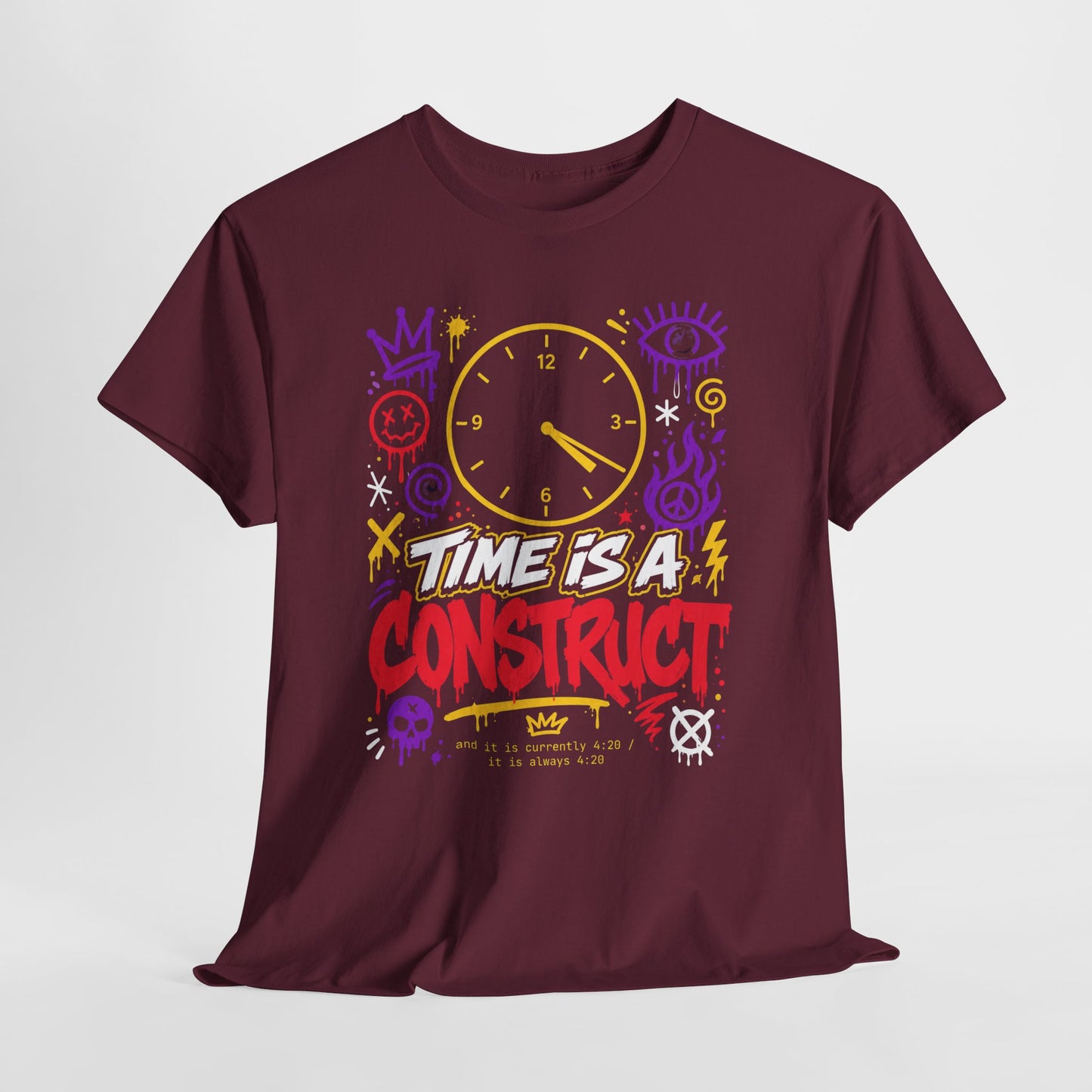 Funny Time Is a Construct Graphic Tee — Retro Neon Clock Streetwear
